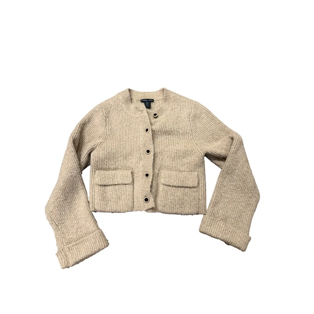 Christian Lacroix Wool Blend Beige Ribbed Knit Cardigan Sweater Size Medium - Picture 1 of 5